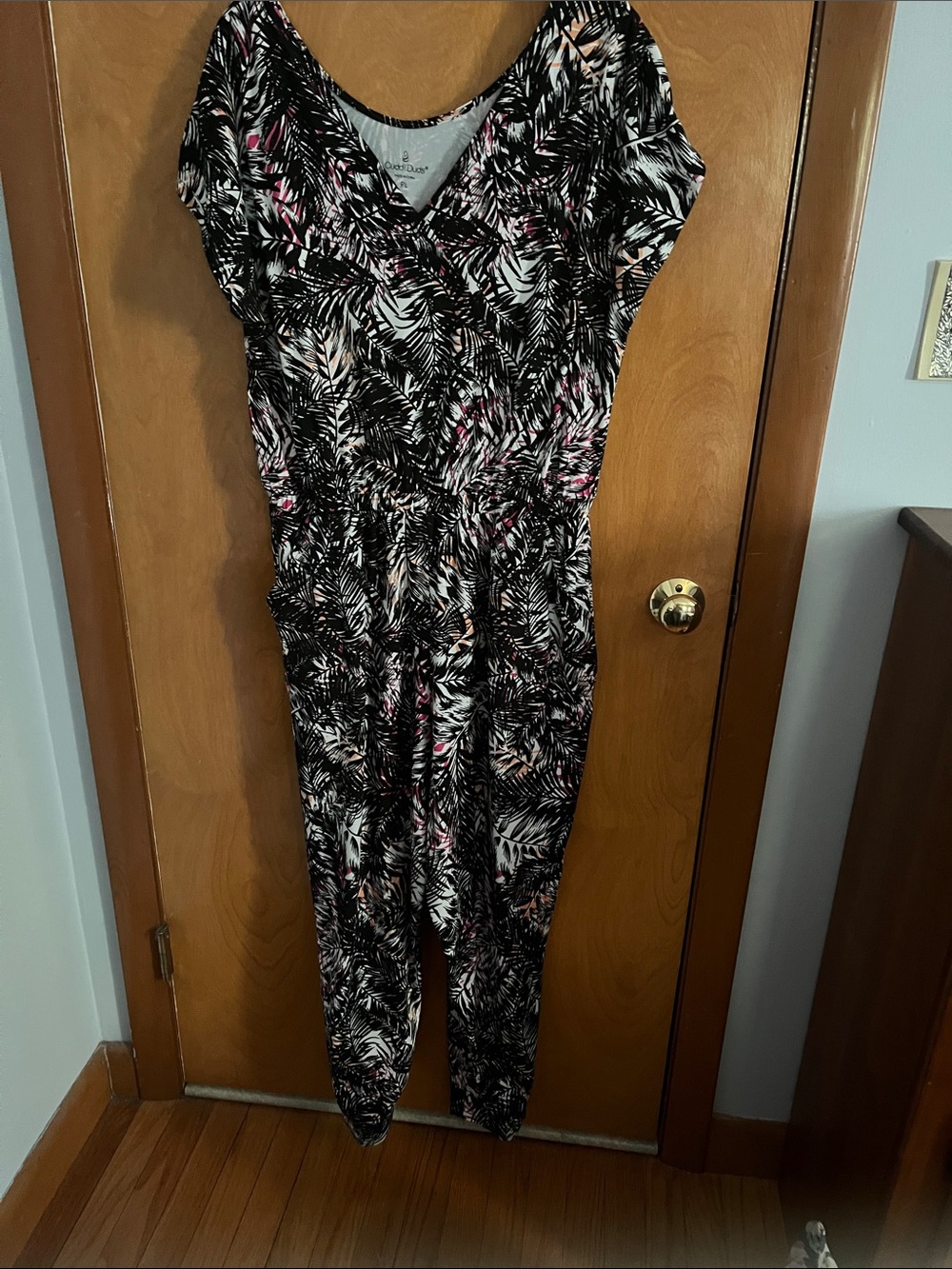 Cuddl Duds Black Tropical-Leaf Print Jumpsuit with Pink Accents